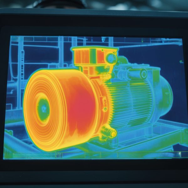 A thermal imaging of hydraulic mechanism motor reveals heat distribution for maintenance and safety in industrial environment