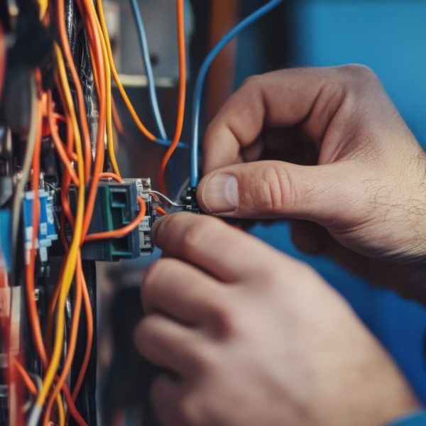 Electrician fixing electrical wiring. Featuring electrical work and wire repair