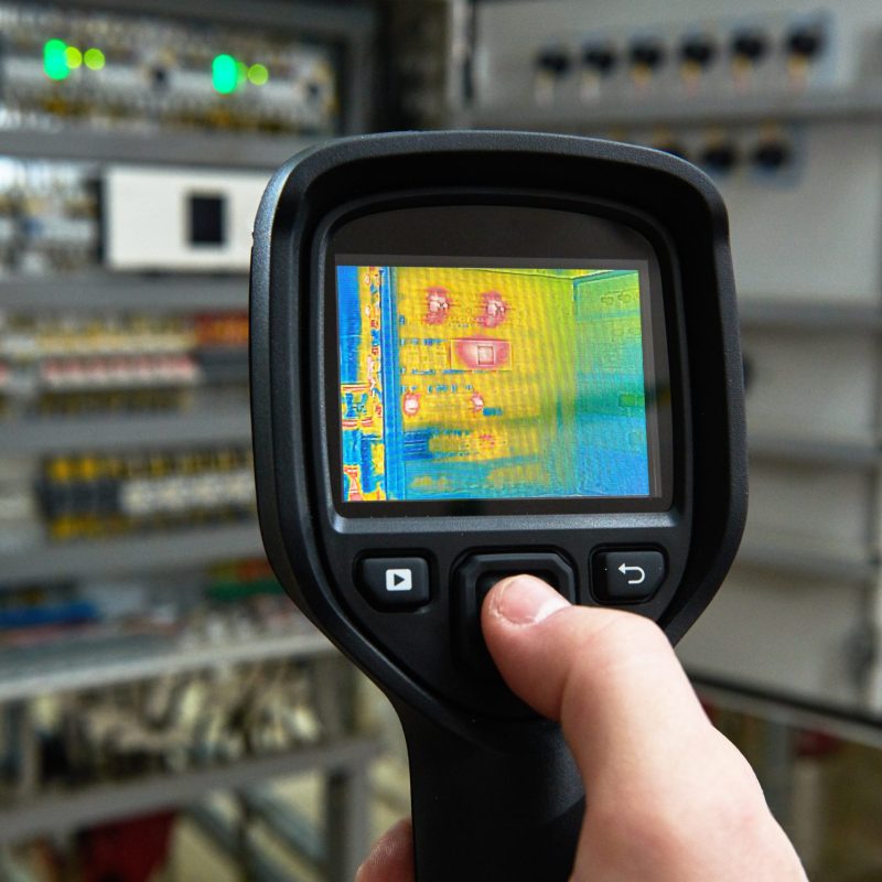 electrician use thermal imaging camera for overheating temperature inspection ?? electrical equipment